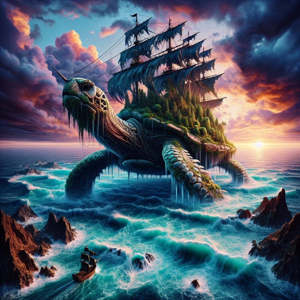 Pirate Ship Encountering Island Turtle at Sea