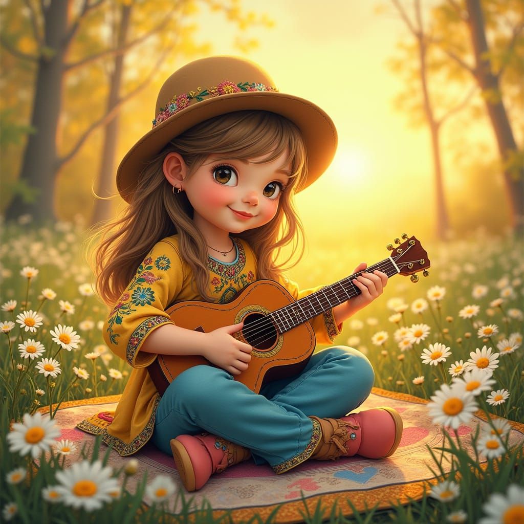 Boho Child Strums Guitar on Patchwork Quilt
