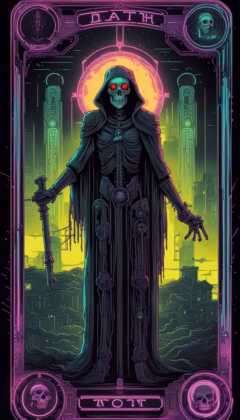 Cyberpunk Death Tarot Card in Dystopian Future