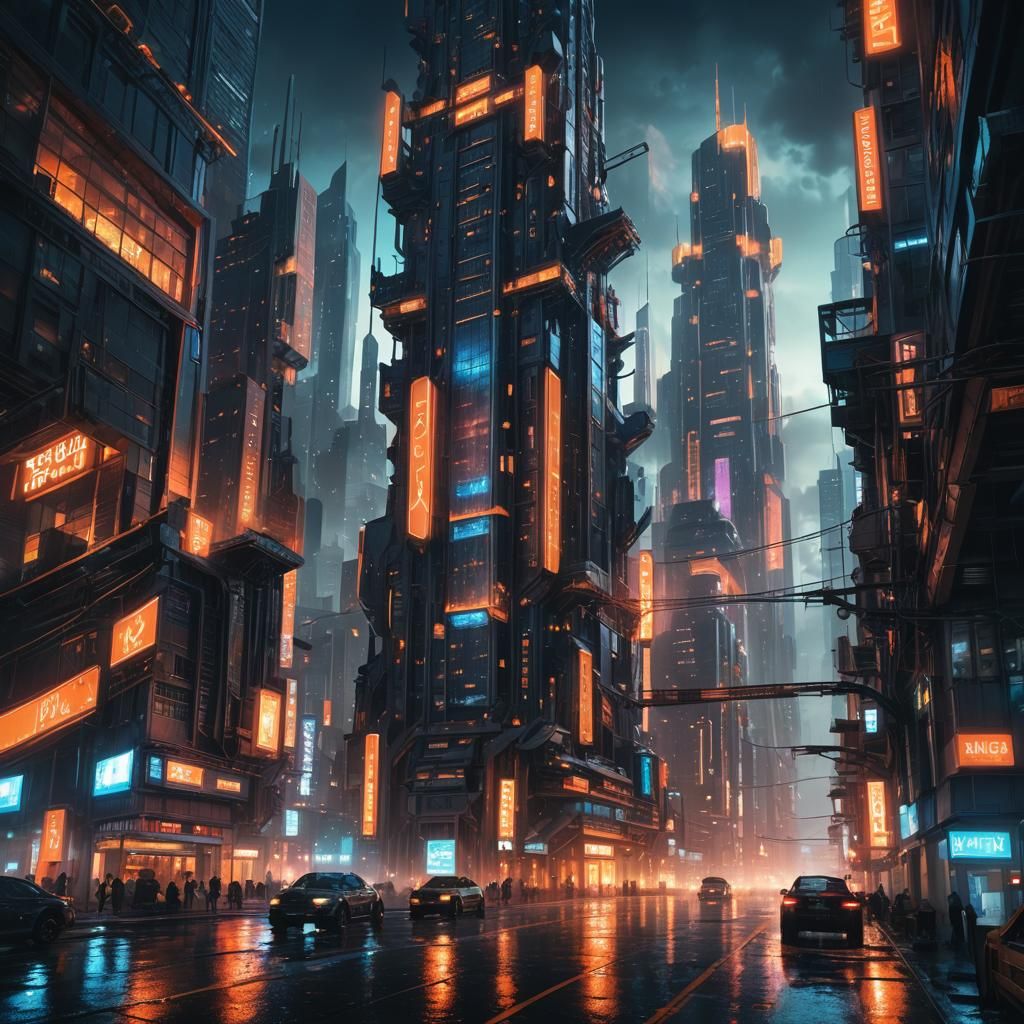 Neon Skyscraper Dominates Moody Cyberpunk Cityscape