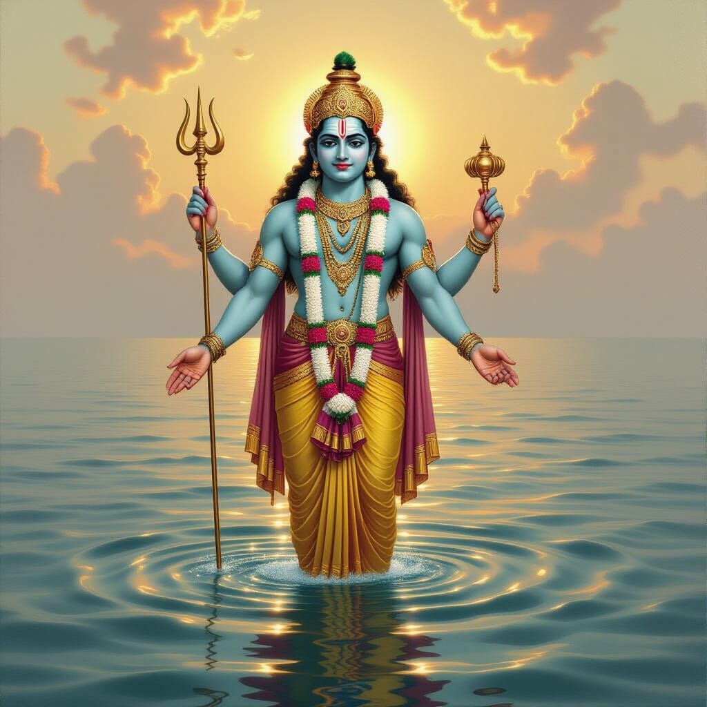 Lord Rama with Four Hands in Serene Ocean Oil Painting