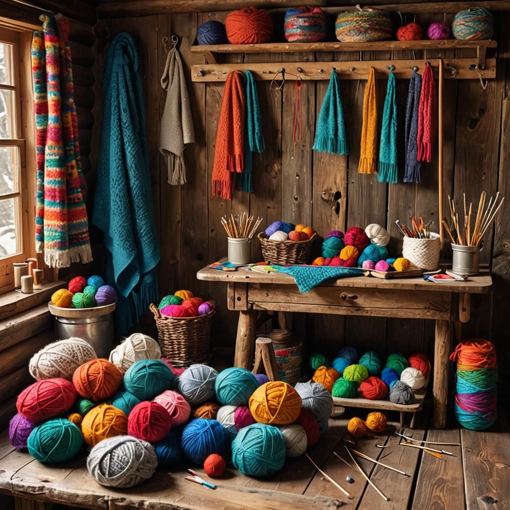 Cozy Knitting Station in Rustic Cabin