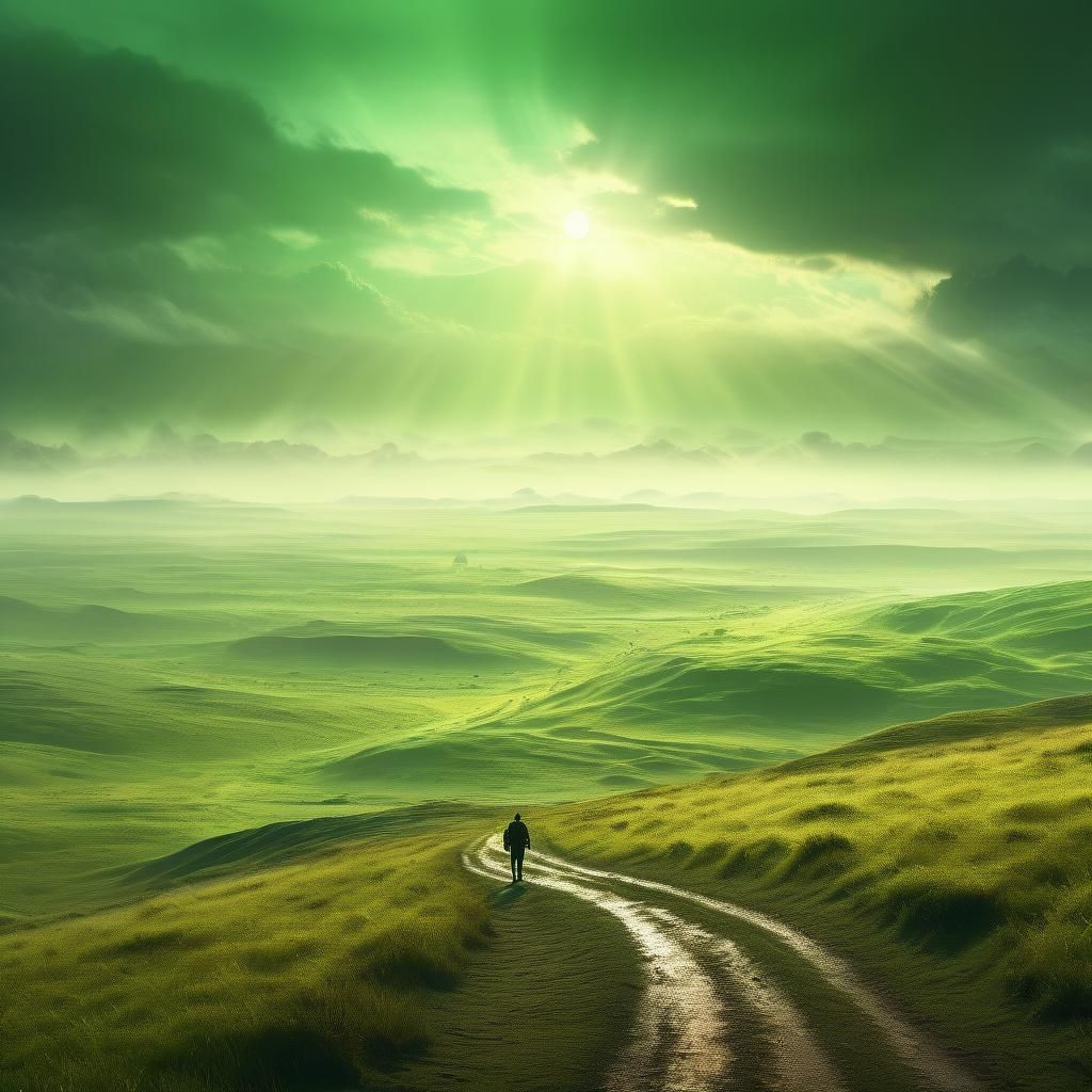 Lone Figure Walks on Green Plains in Cinematic Style