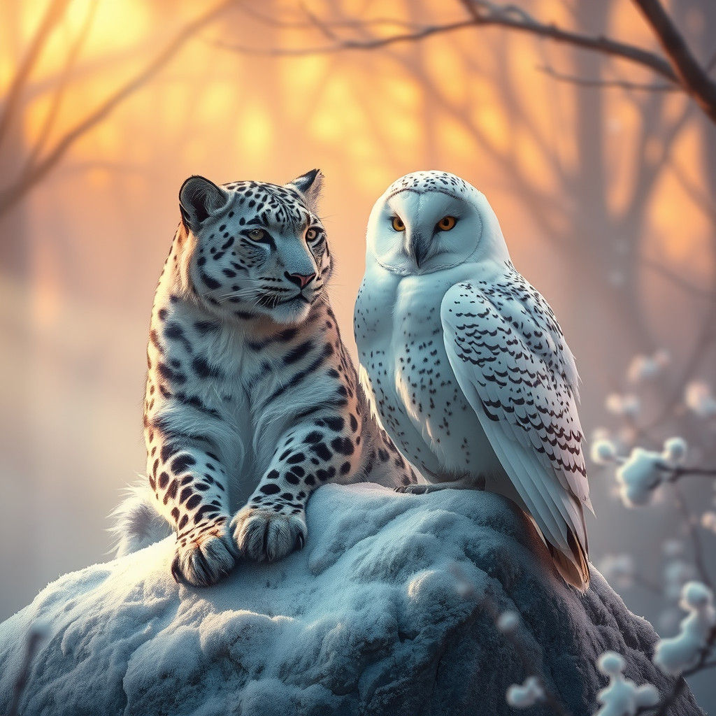 Snow Leopard and Owl Friendship in Dreamlike Zoo
