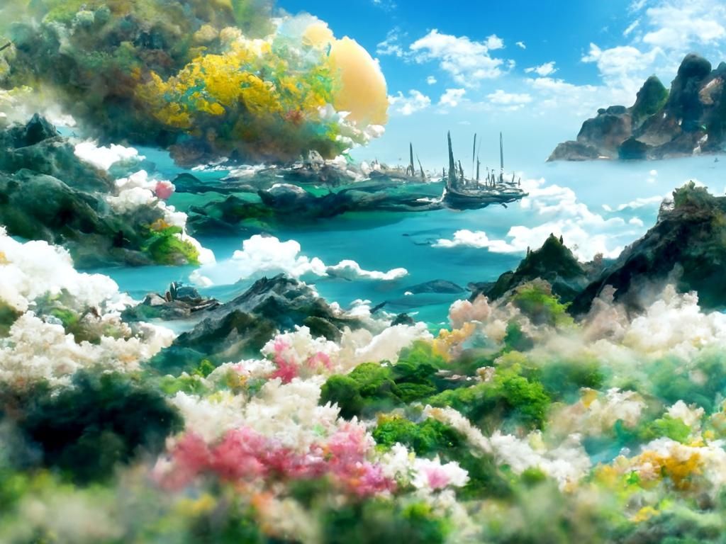 Anime Seascape with Sailing Vessels in Pastel Colors