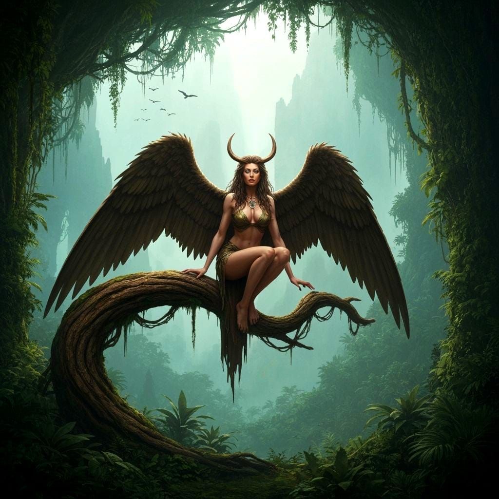 Mystic Harpy Woman on Gnarled Branch in Jungle