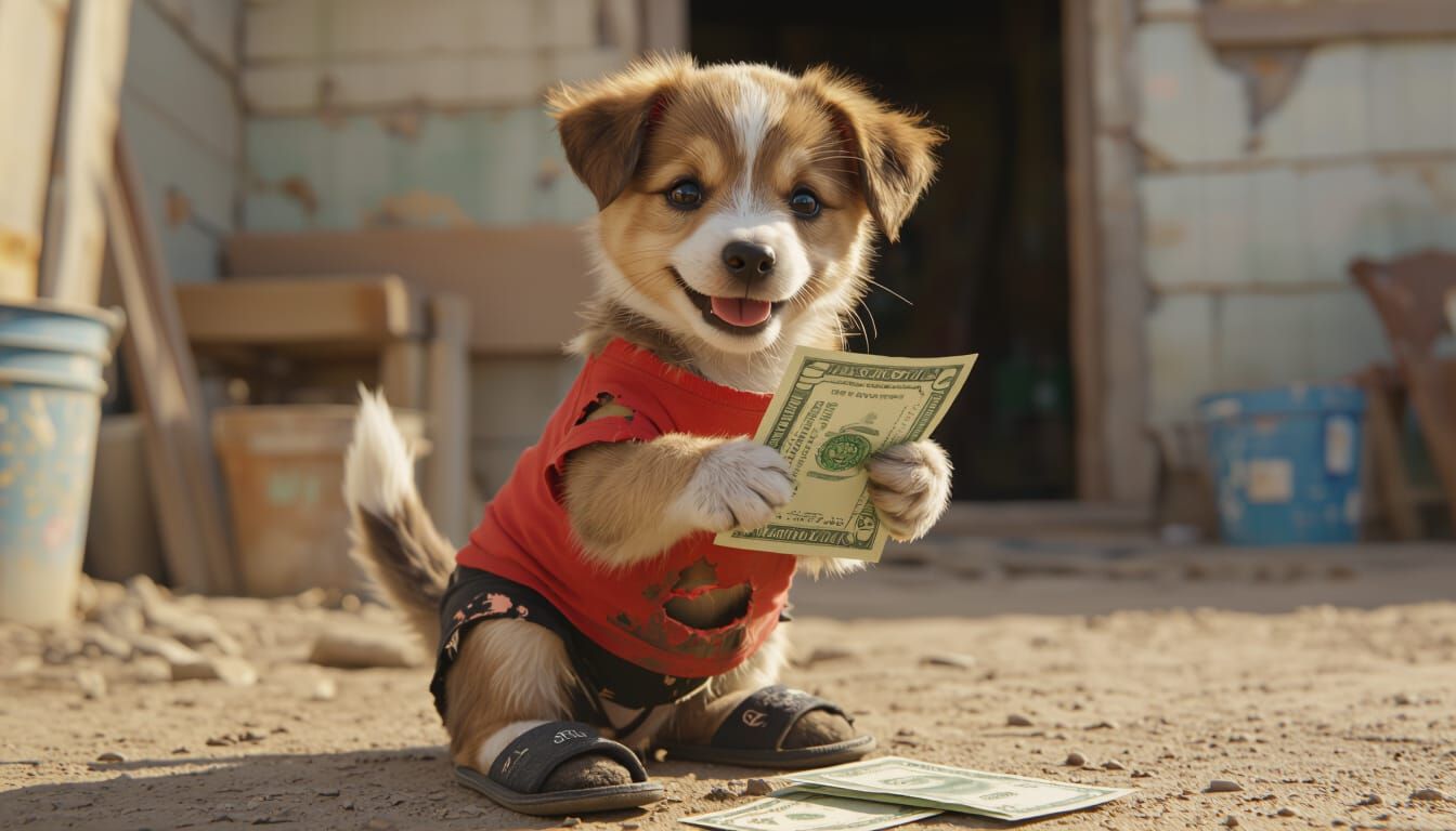 Cute Muddy Puppy Receives Money in Golden Hour Light