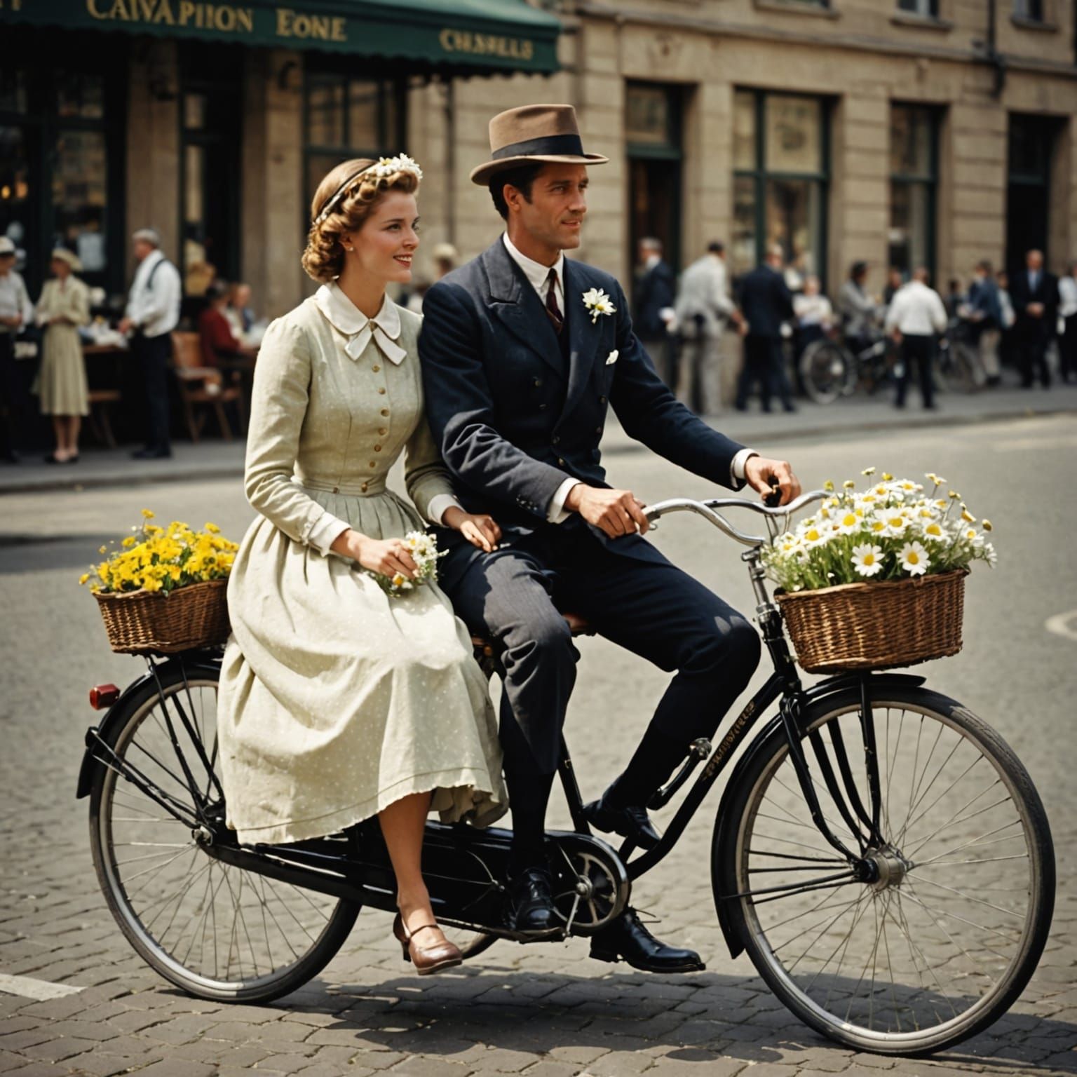 Couple Riding Bicycle Built for Two