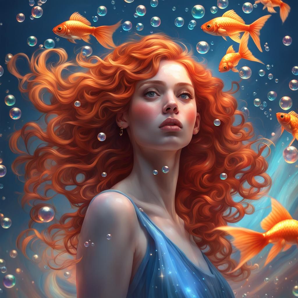 Girl with Goldfish in Galaxy of Bubbles