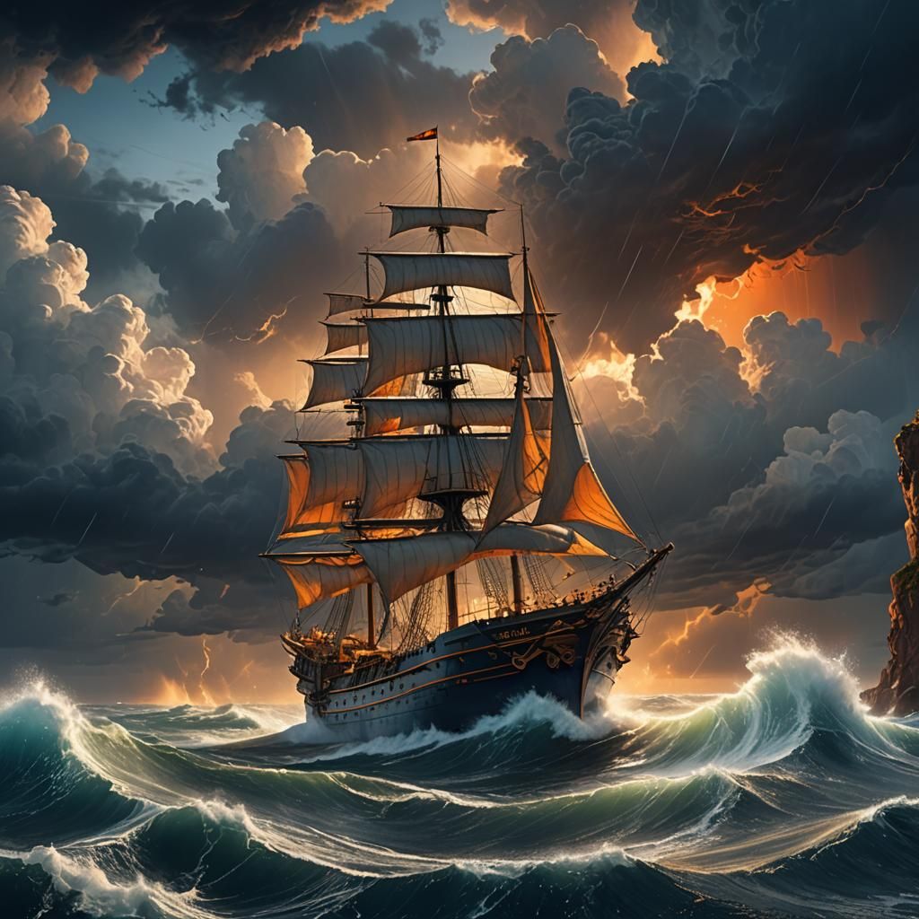 Merchant Ship Sailing Rough Seas: Matte Painting