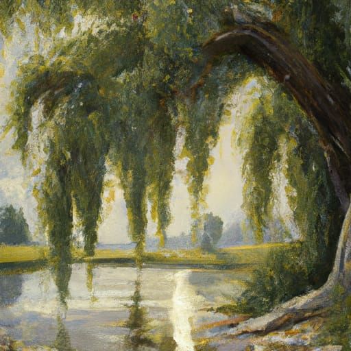 Weeping Willow Tree Oil Painting by Lake