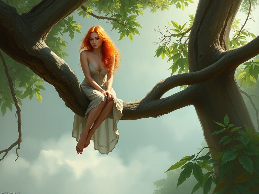 Vibrant Woodland Goddess Perched in Oak
