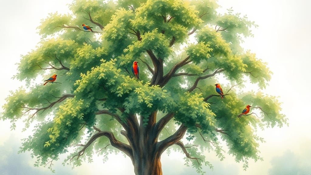 Green Tree with Birds in Impressionistic Style