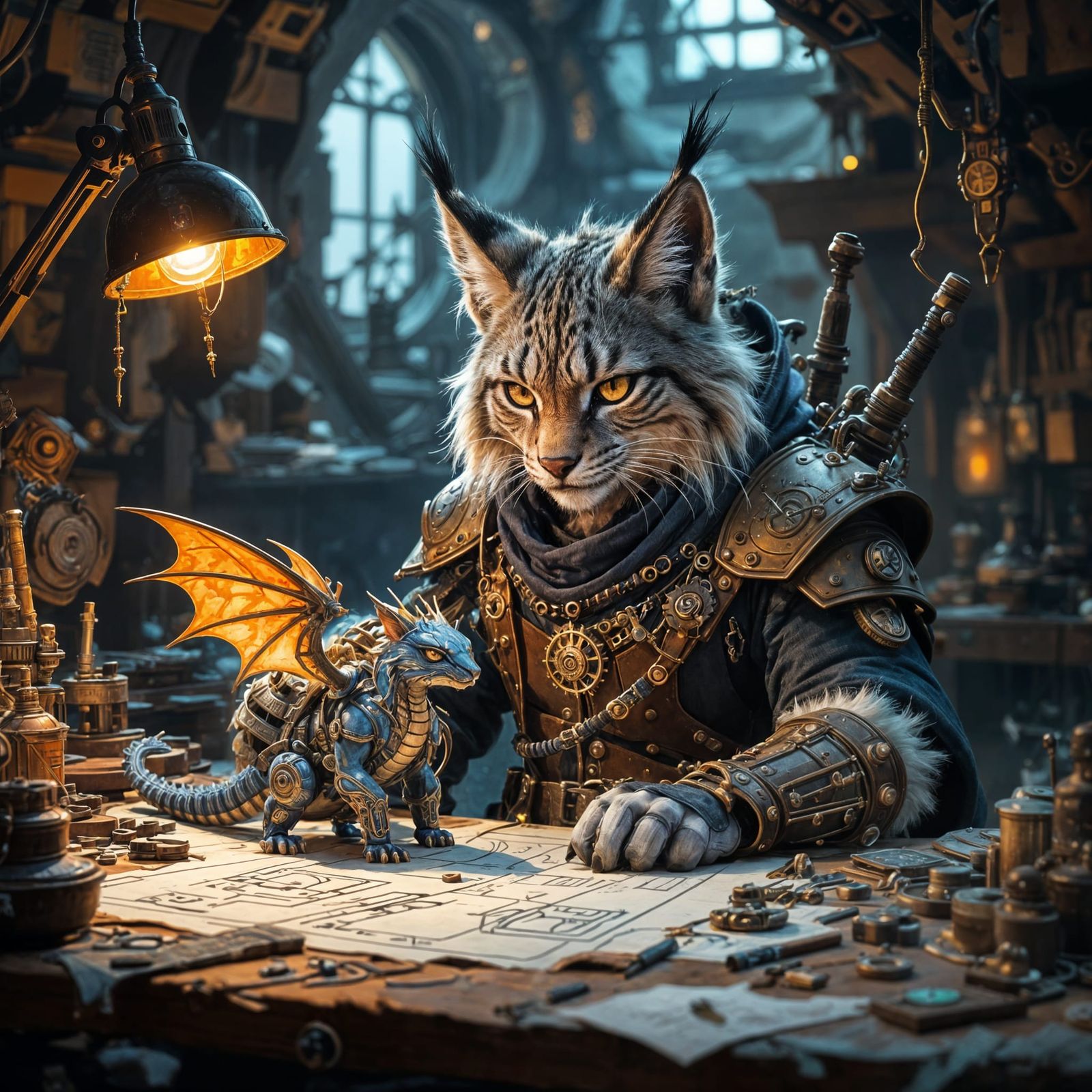 Tabaxi Artificer Tinkers With Clockwork Dragon
