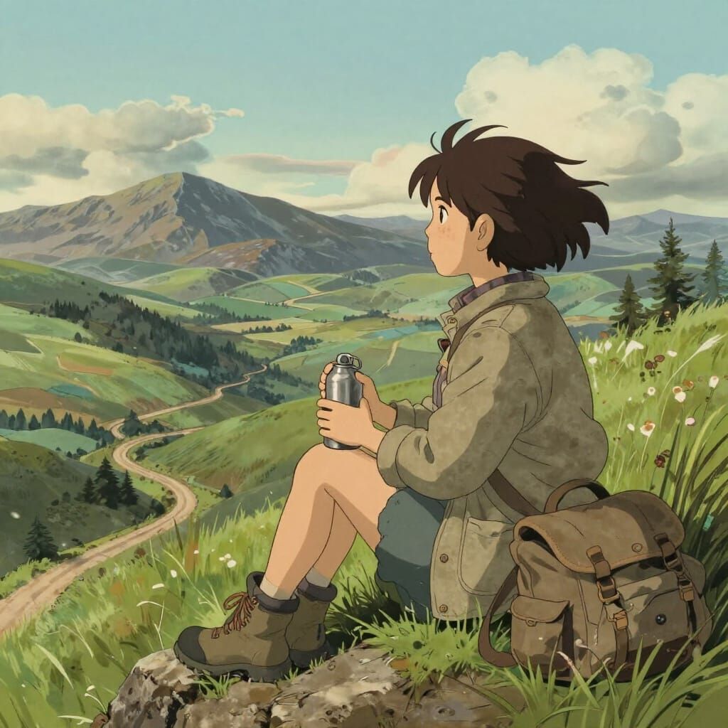 Woman on Hilltop Overlooking Valley in Hand-Drawn Style