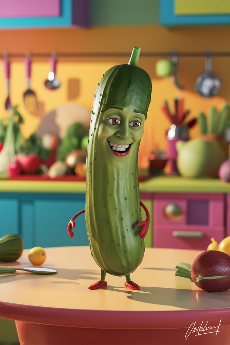 Whimsical Cucumber Character in CGI Cartoon Style