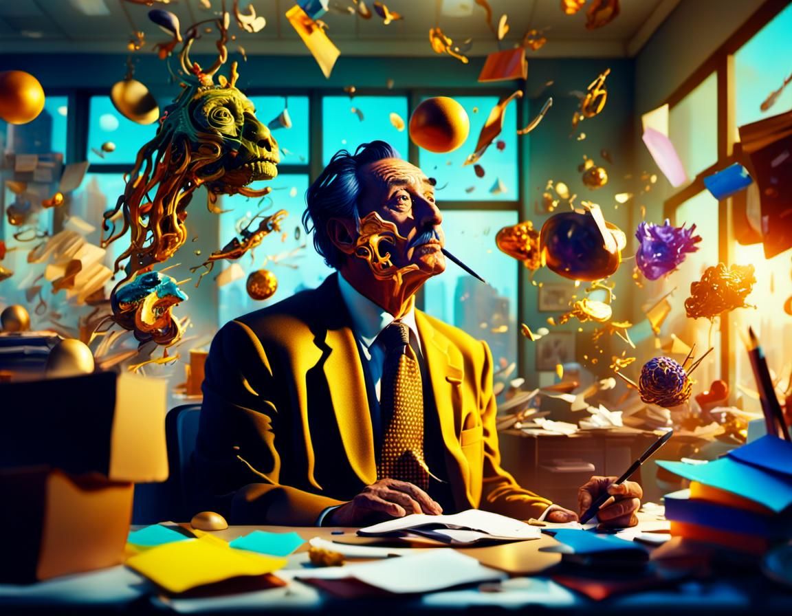 Surrealist Businessperson's Imagination in Cluttered Office