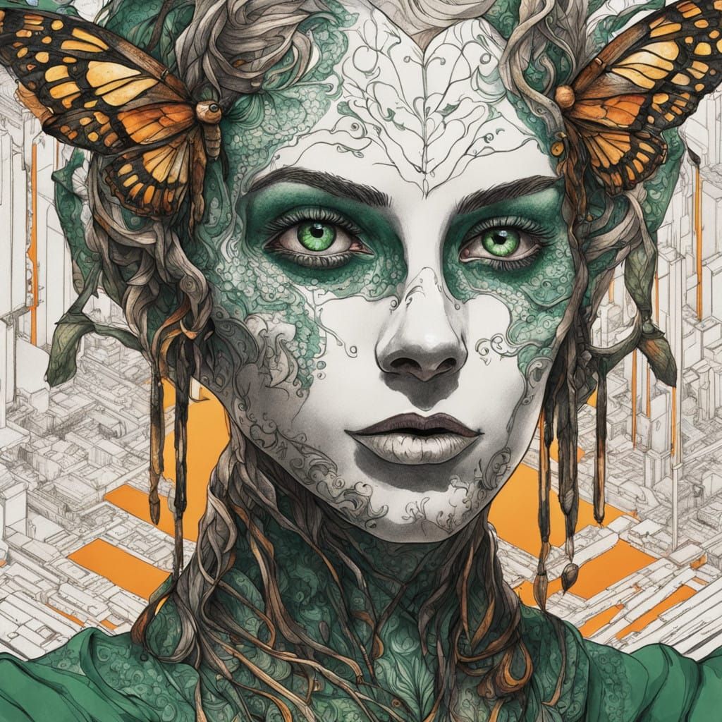 Emerald Eyes Enshrouded by a Vibrant Moth