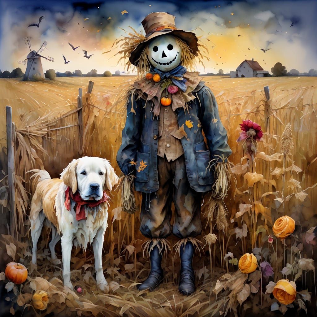 Scarecrow and Golden Retriever in a Field