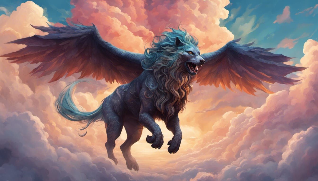 Gentle Mythical Beast Soaring Through Clouds