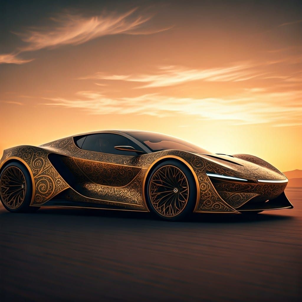 Gilded Futuristic Car with Mughal-Inspired Filigree