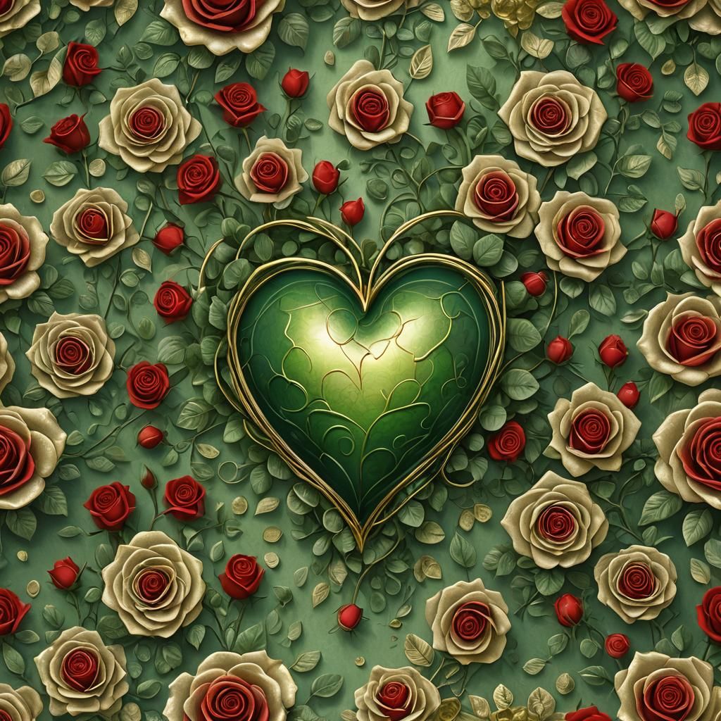 Green Heart Surrounded by Red Roses: Digital Art