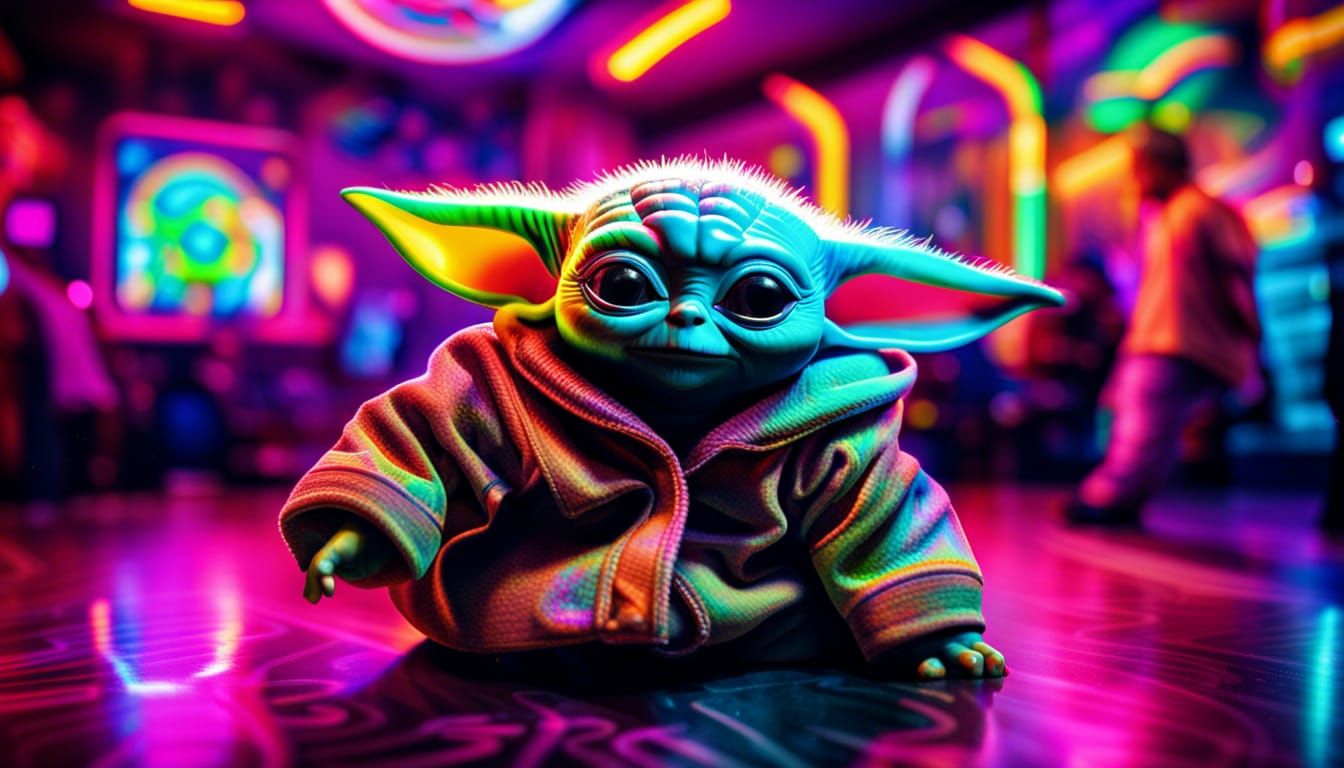 Psychedelic Baby Yoda Dances in Neon Retro Club