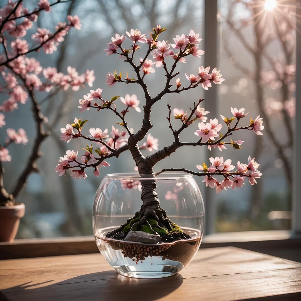 Cherry Blossom Bonsai in Glass Pot Macro Photo