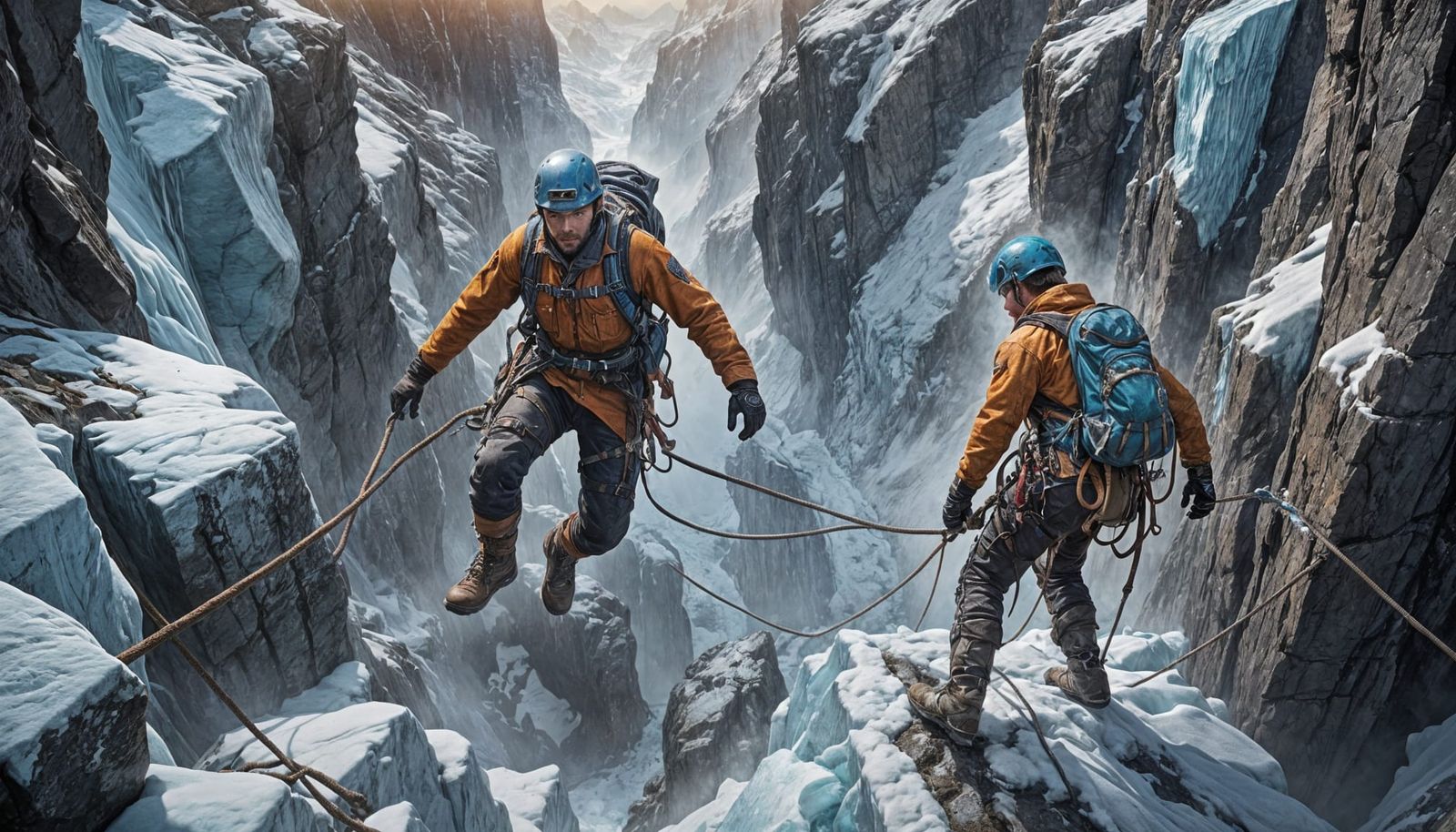 Glacial Crevasse Crossing in Hyperrealistic Splash Art