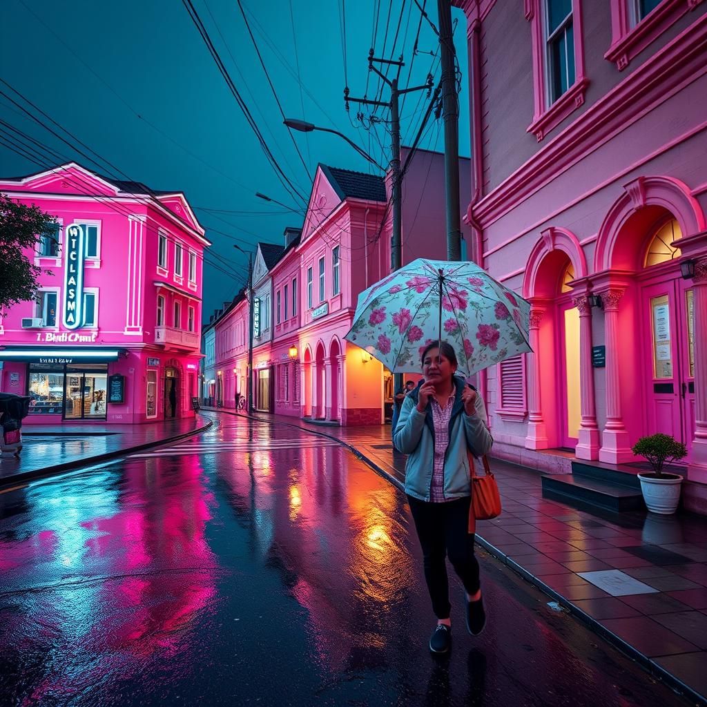 Neon City Street Scene with Flower Umbrella