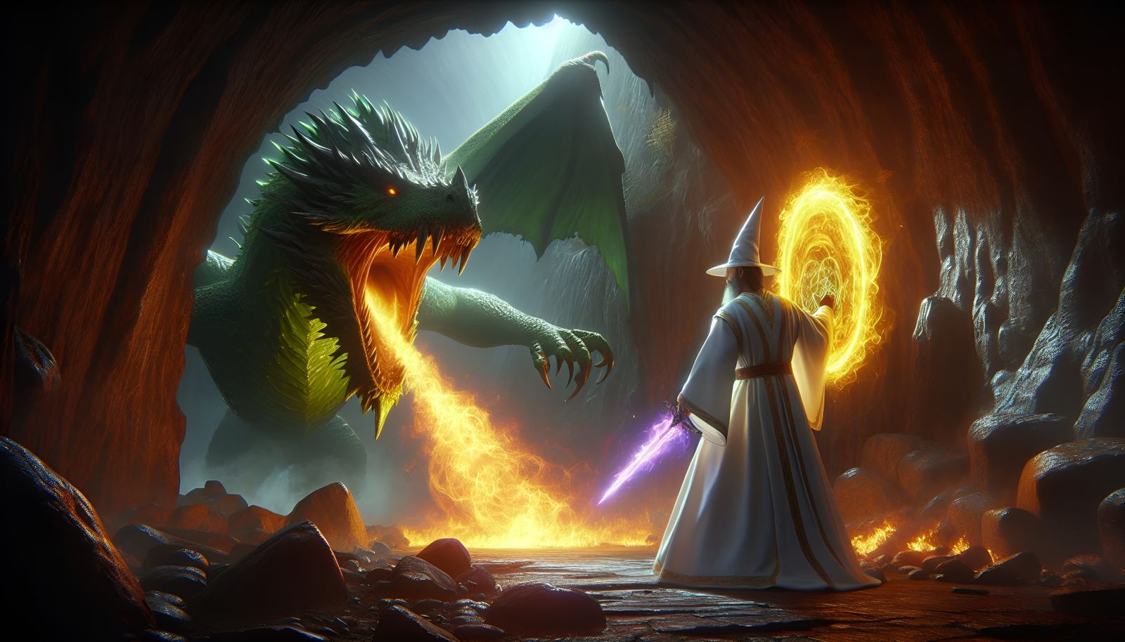 photorealistic, forest green dragon roaring at a wizard wearing a white hat and white robe, green dragon coming out of c...