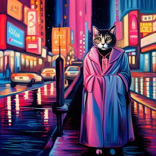 Cyberpunk Cat Person in Glowing Cityscape