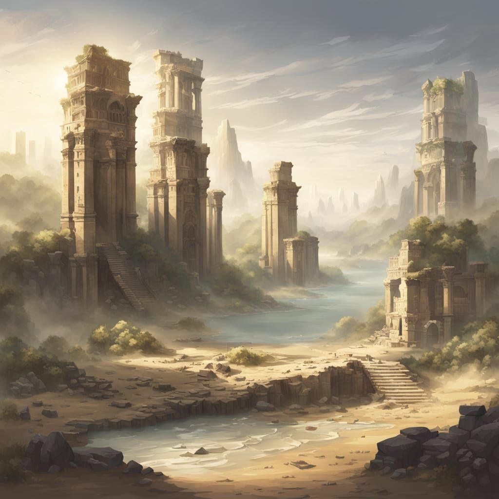Ancient City Ruins in Ethereal Mist