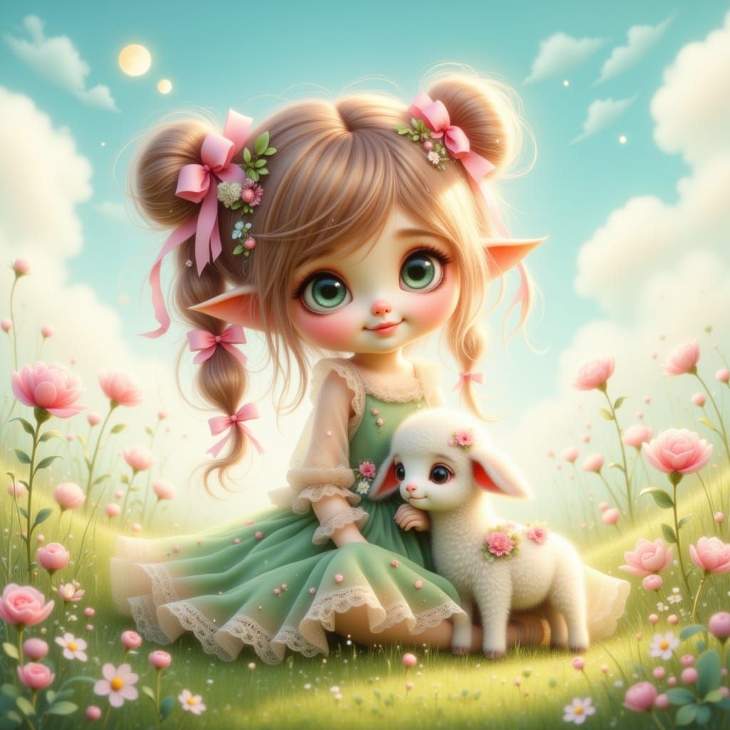 Cute Girl and Lamb in Flowery Meadow Anime Style