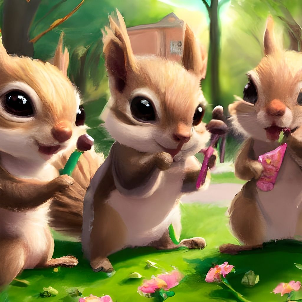 Hyperrealistic Chibi Squirrels Enjoying Treats in Park