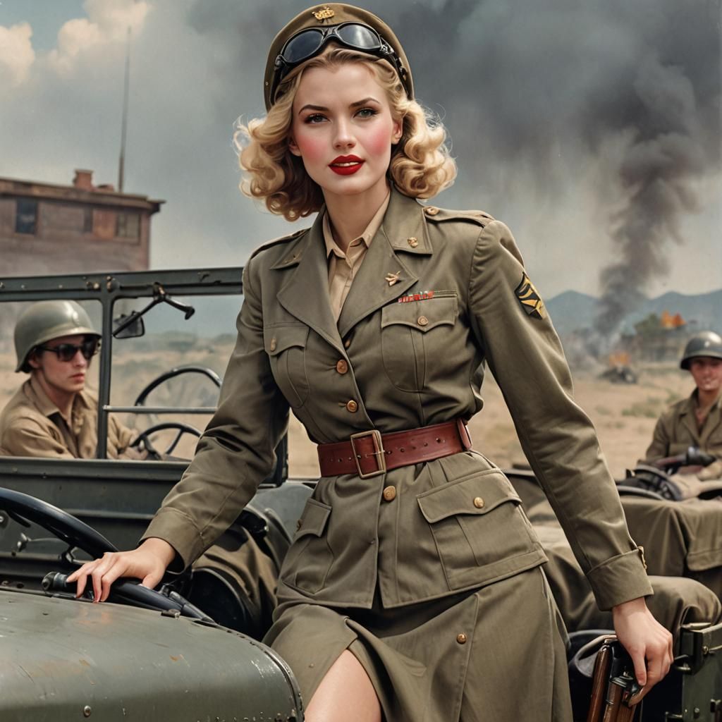Vintage Pin-Up Girl in Military Style