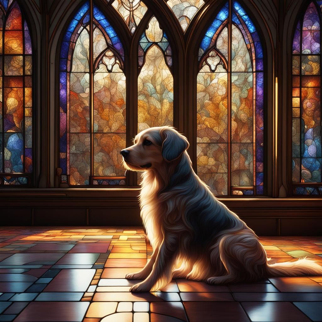 Dog in Beautiful Stained Glass Window