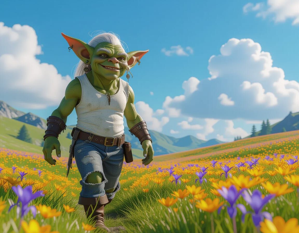 Voluptuous Goblin Strolls Through Spring Meadow