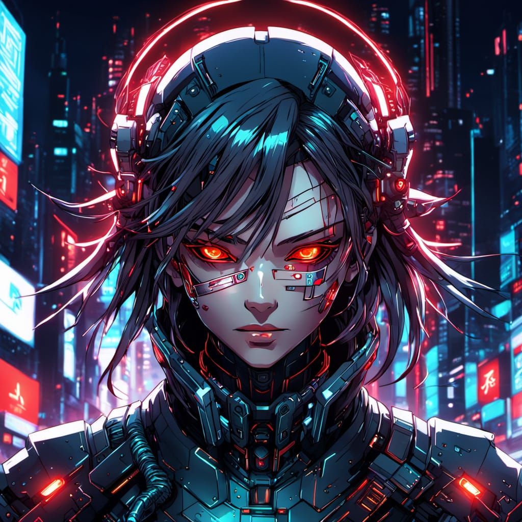 Cyberpunk Android with Red Eyes in Neon Cityscape