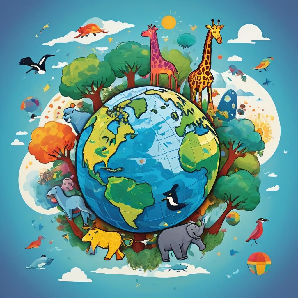 Earth Hugged by Animals in Geometric Pop Art