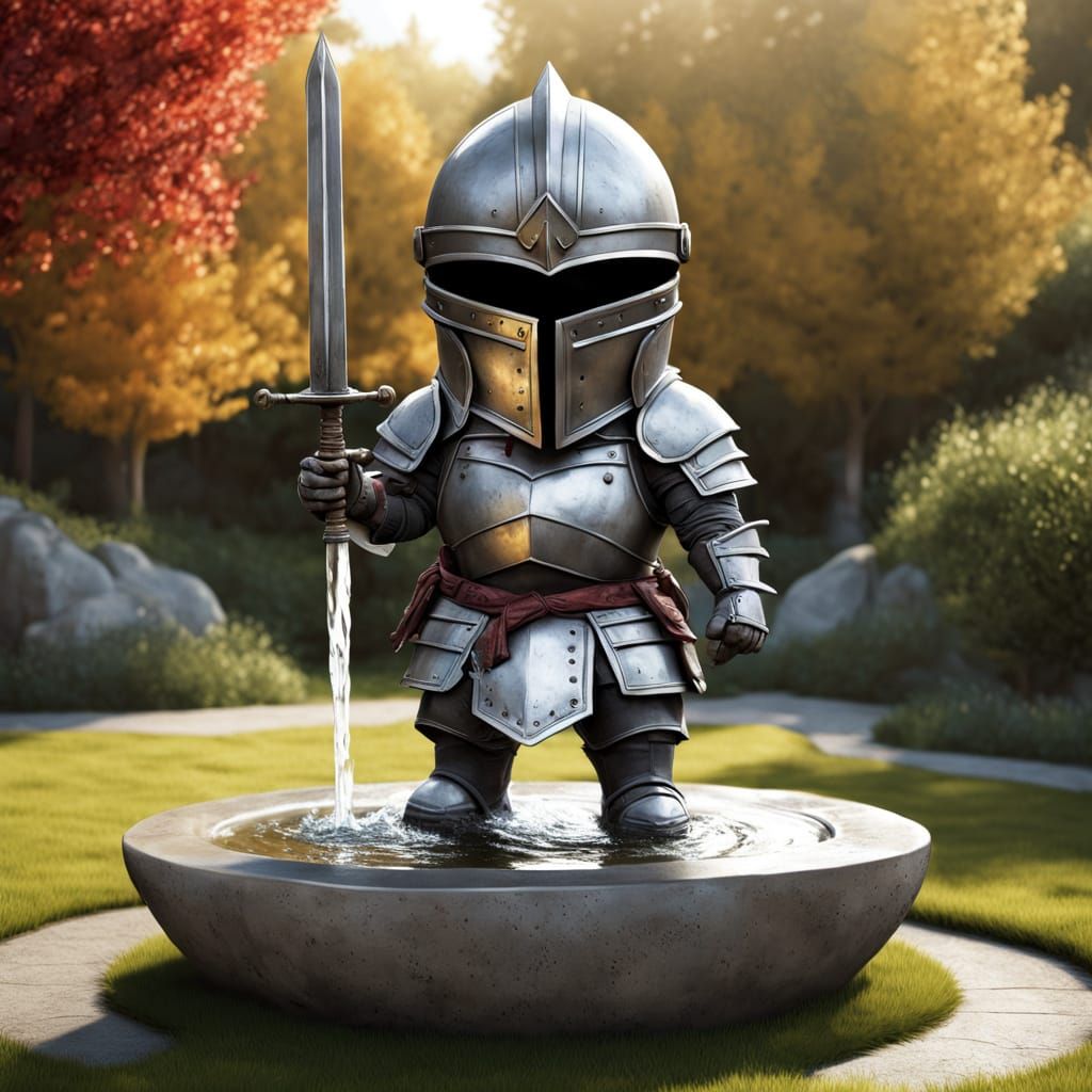 Chibi Knight Fountain in Hyperrealistic Detail
