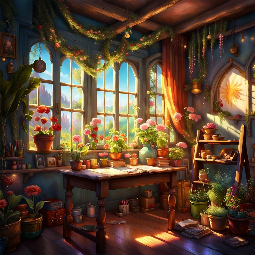 Sunlit Artist's Room with Blooming Plants