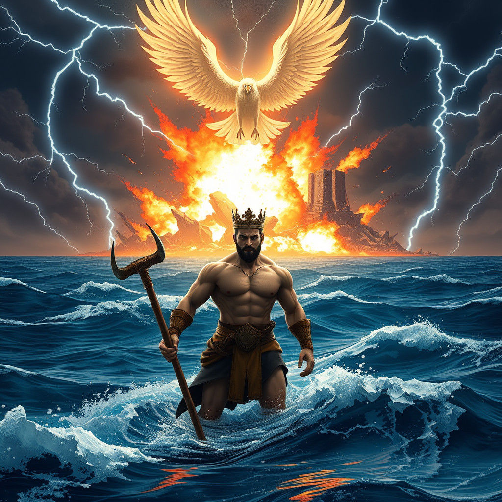 Shocked King Witnessing Island Explosion in Anime Style