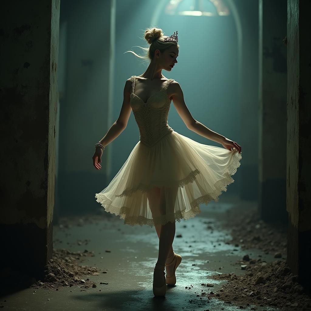 Ballerina Dances in Decaying Setting, Cinematic Portrait