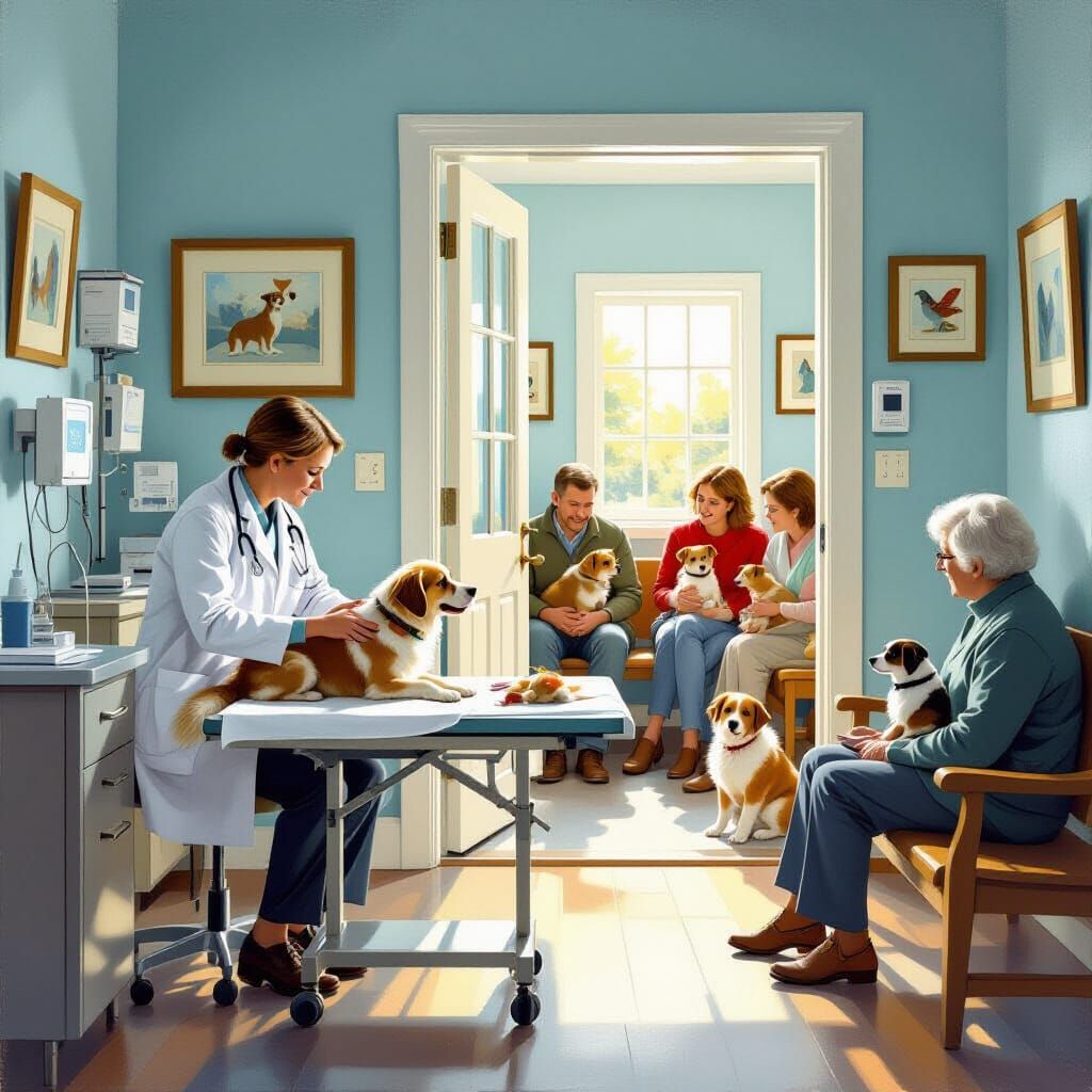 Vet Caring for Dog in Waiting Room, Rockwell Style