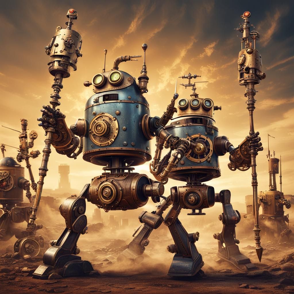 Robots Duel with Spears in Steampunk World