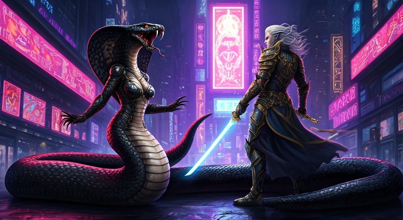 Cyberpunk Goddess of Darkness Battles Angelic Paladin in Neo...