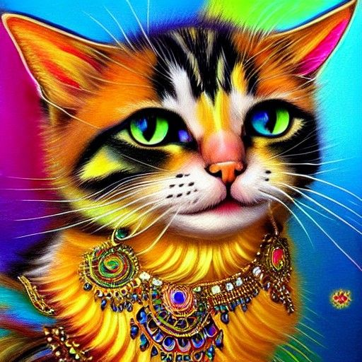 Ornate Gypsy Cat Begging for Food, Psychedelic Oil Painting
