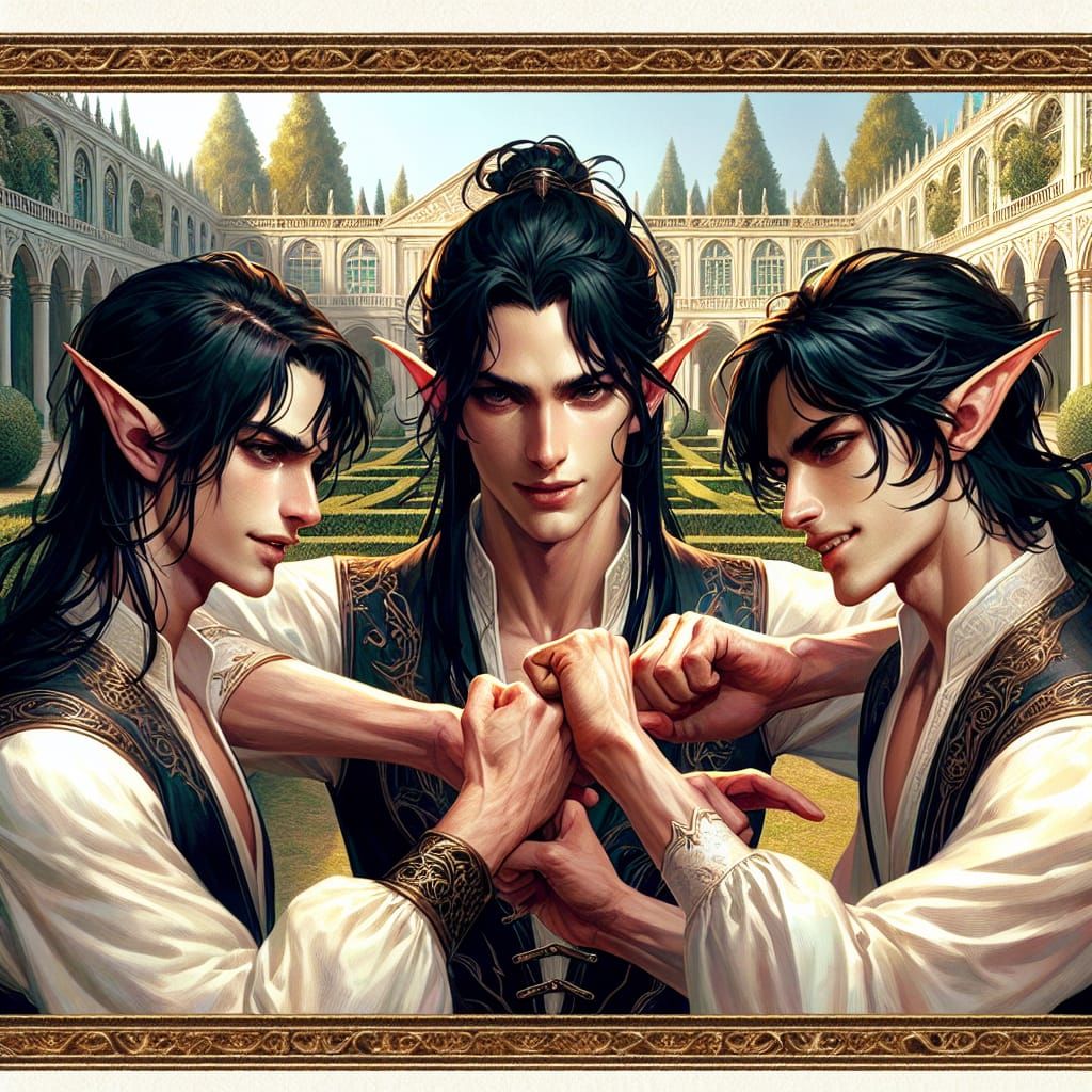 Playful Elf-Lords Sparring in Palace Courtyard