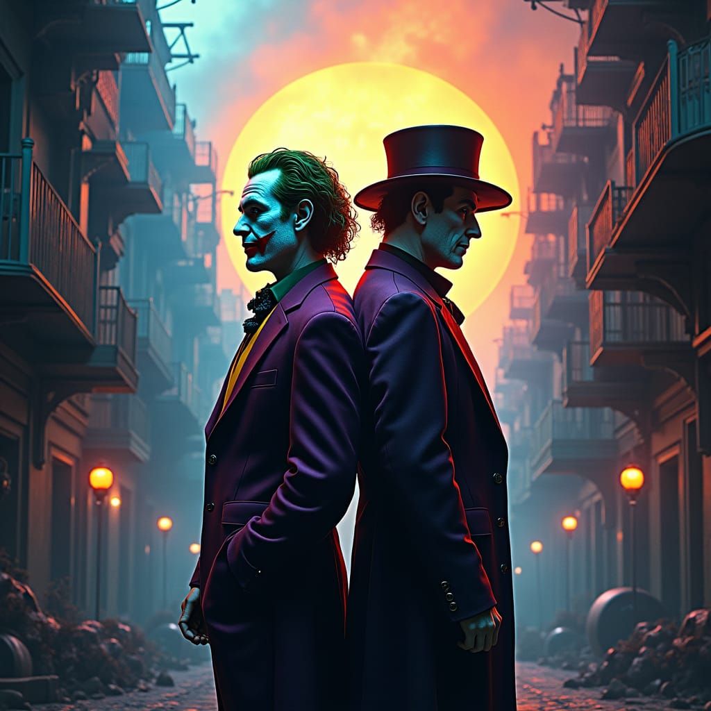 Joker and Pennybags in Gritty Mystical Cityscape